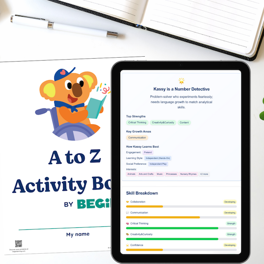Child Learning Profile with activity book and tablet showing learning assessment